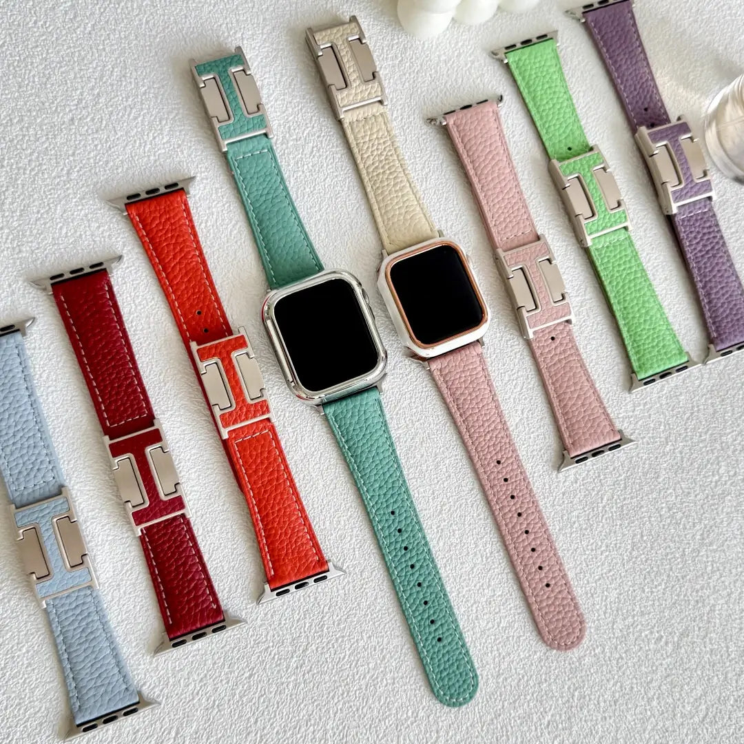 Elegant & Effortless: Litchi Leather Magnetic H-Buckle Apple Watch Band for Women